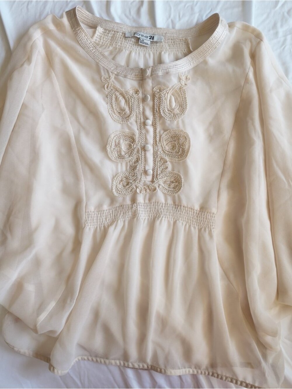 Forever 21 Blouse Size L Large Cream Chiffon Tunic Embroidered Boho